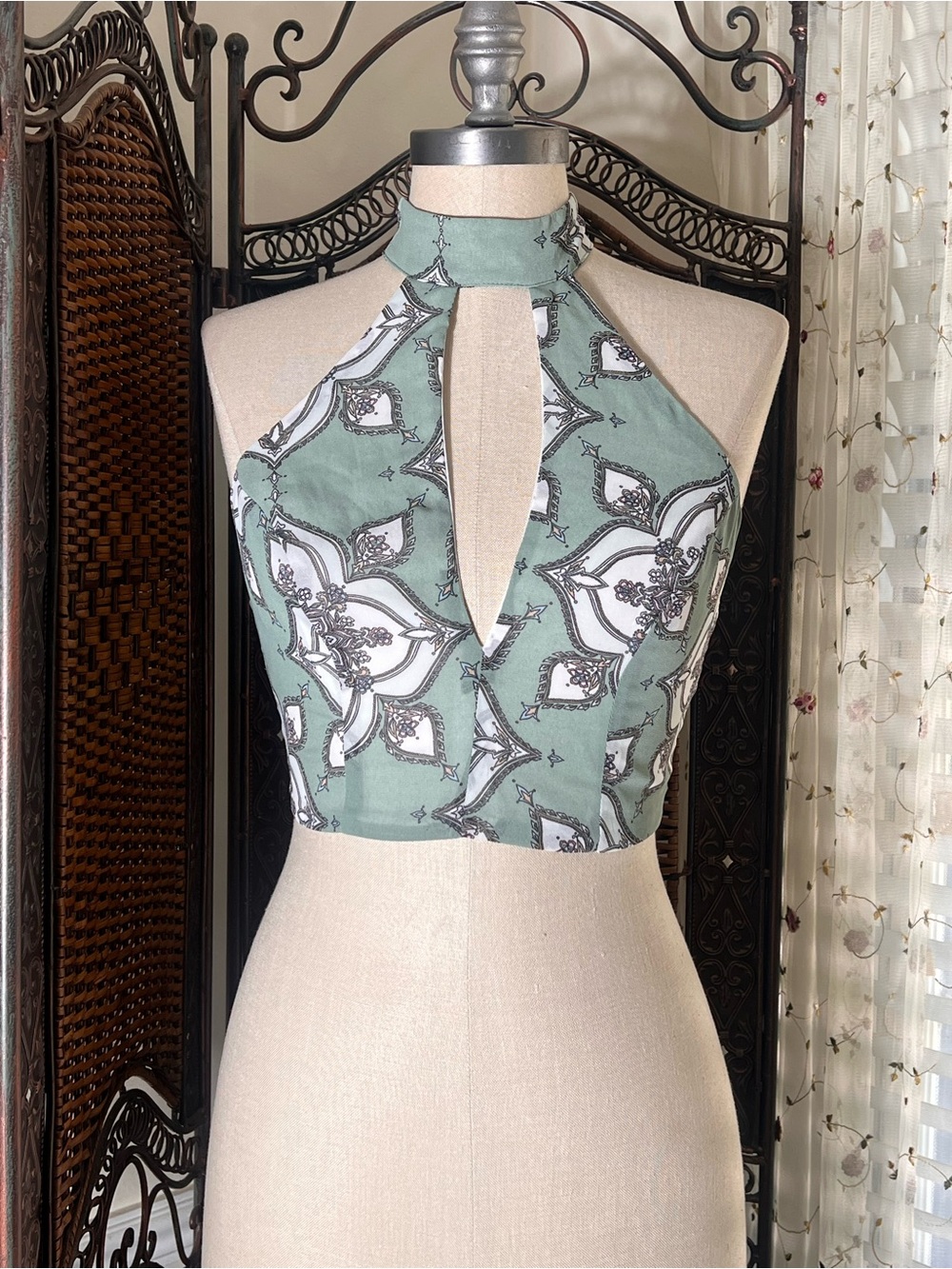 Windsor Light Sage Halter Crop Top with White Accents